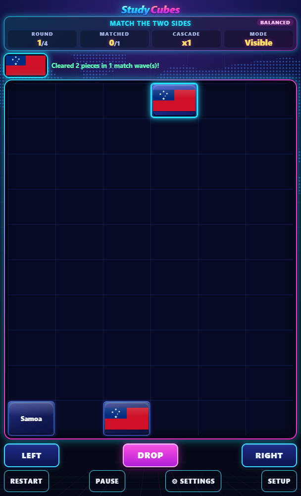 StudyCubes country-flags game: falling name and flag blocks, match progress and touch controls.